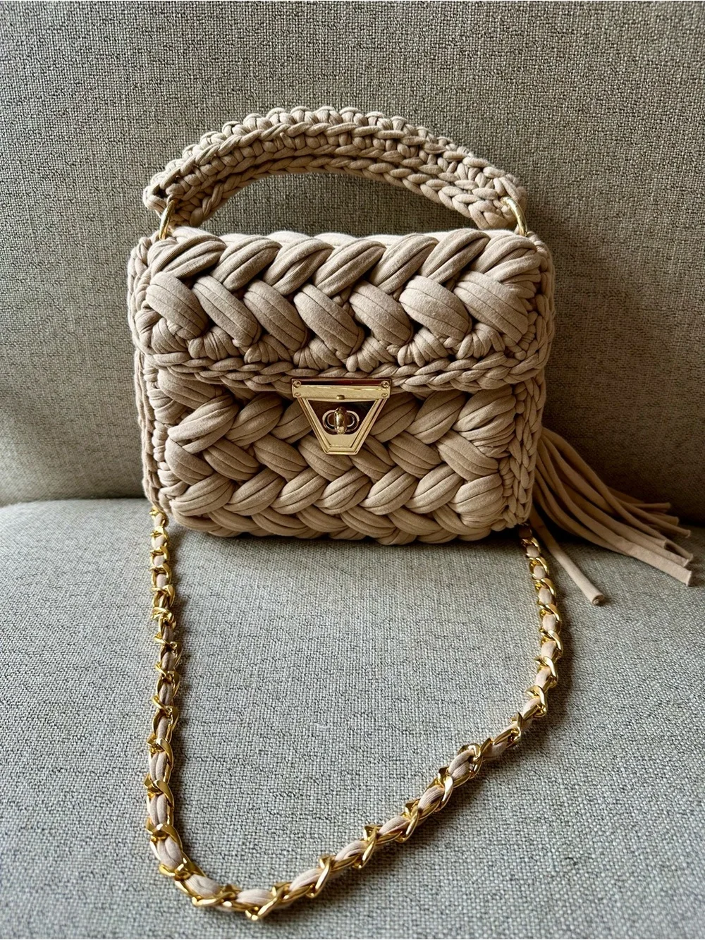 Handwoven Tan Fabric Crossbody Bag with Top Handle and Gold Chain Gold Accents
